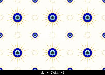 Evil eye seamless pattern. Turkish and Greek blue bead symbol. Magic nazar and ethnic circle amulet for luck. Vector spiritual ornament Stock Vector