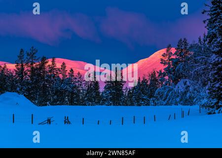 The first light of day casts a soft pink hue over a snow-covered mountain in Sweden, standing tall against a vibrant dawn sky. A wooden fence lined wi Stock Photo