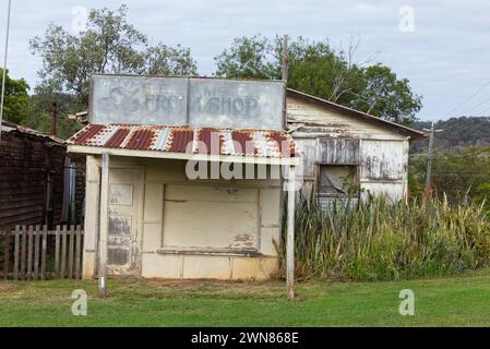 Dilapidated former retail store from the gold rush mining days of Cracow a rural town and locality in the Shire of Banana Queensland Australia. Stock Photo