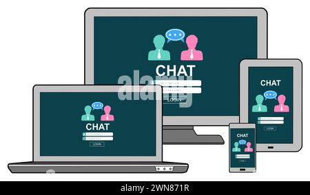 Chat concept shown on different information technology devices Stock Photo