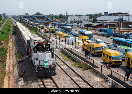 A train departs the Ikeja terminal during the commissioning of the Red Line rail Mass transit in Lagos on Thursday, February 29, 2024. President bola Stock Photo