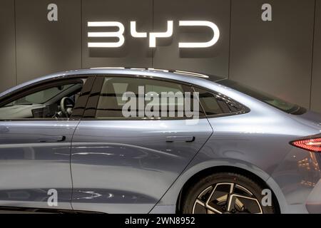 BYD car showroom, Hong Kong, China. Stock Photo
