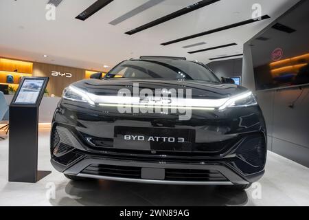 BYD car showroom, Hong Kong, China. Stock Photo