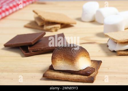 A close-up of marshmallows and chocolate prepared for baking on a table Stock Photo