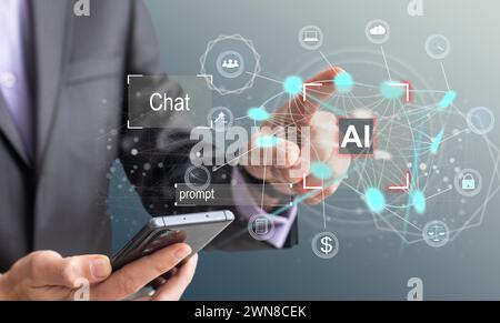 AI - Artificial Intelligence. Big Data and Deep Machine learning Concept. Digital Brain and Neural Networks Hologram. Business Internet Technology Stock Photo