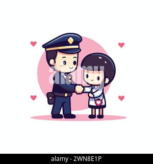 Cute boy and girl in police uniform shaking hands. Vector illustration. Stock Vector