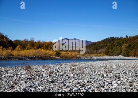 Autumn landscape of the Taro river, Italy Stock Photo