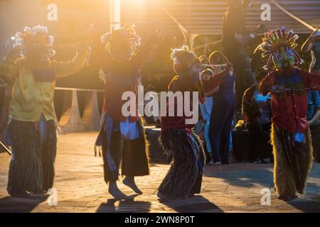 Native dance festival in the main square of Santa Cruz, Galapago Stock Photo
