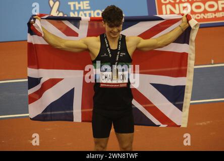 Birmingham, England 17th February 2024 Microplus UK Athletics Championships @ the Utilita Arena - Birmingham Saturday The Championships will also serve as the Official Trial event for athletes to book their place at the World Athletics Indoor Championships in Glasgow in March 2024.  Owen Heard mens gold medal Pole Vault winner Ged Noonan/Alamy Stock Photo