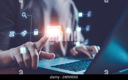 DMS document Management System, Businessman pointing folder icon to use technology software for management document, professional, digital, Smart offi Stock Photo