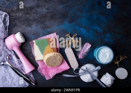Feminine beauty products. Spa and self-care concept. Copy space. Stock Photo