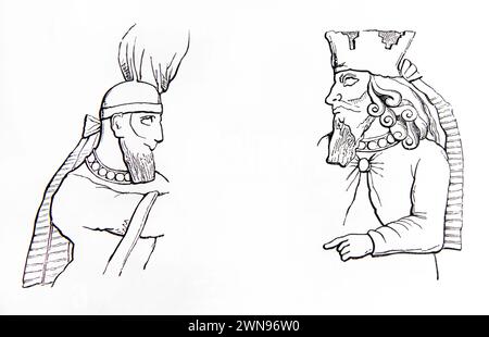 Illustration of Crowned Helmets from Sculptures at Persepolis from Antique 19th Century Illustrated Family Bible Stock Photo