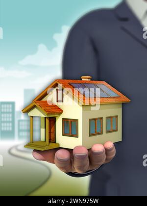 Businessman handing over a residential building. 3D illustration. Stock Photo