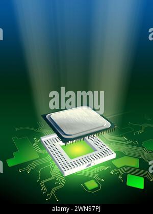 Central processing unit and socket on a printed circuit board. Digital illustration. Stock Photo