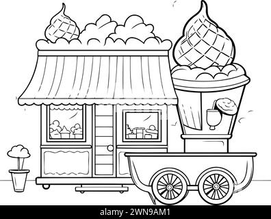 Fast food cart with ice cream. Vector illustration in line art style. Stock Vector