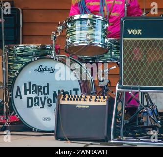 Drum set of A Hard Days Night being played at a concert in Lindstrom, Minnesota USA. Stock Photo