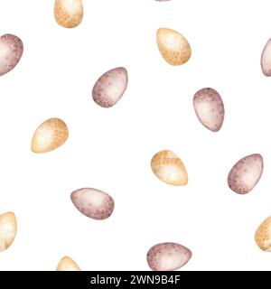 Easter eggs seamless pattern watercolor illustration isolated on white background. Eggs in pastel colors hand drawn. Painted egg in speck. Design for Stock Photo
