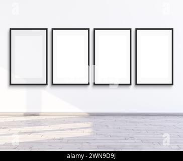 4 frames mock up for gallery wall on an empty white wall, 3d rendering, four empty modern frames for gallery wall mockup. Stock Photo