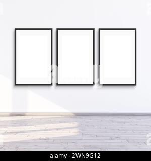 3 frame mock up hanging on a white wall with sunlight, three frames for gallery wall mockup, 3d render illustration. Stock Photo