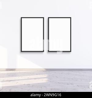 2 frame mock up hanging on a white wall with sunlight, two frames for gallery wall mockup, 3d render illustration. Stock Photo