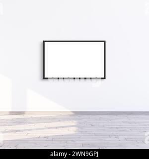 Horizontal frame mock up hanging on a white wall with sunlight, Modern frame for landscape prints, 3d render illustration. Stock Photo