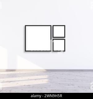 3 square frame mock up hanging on a white wall with sunlight, 3 frames for gallery wall mockup, 3d render illustration. Stock Photo