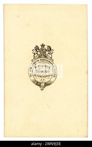 Reverse of original Victorian Victorian Carte de Visite (visiting card or CDV Studio of H Hughes 59 Fenchurch st. London EC1. Circa 1864. Stock Photo