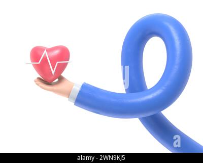 3d render. Medical heart rate icon. Doctor or cardiologist cartoon hand holding heart with chart line. Healthcare illustration. Cardiogram clip art.3D Stock Photo