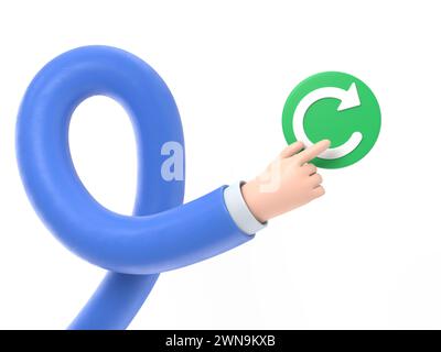 Reboot concept. Restarting technology. Hand to push big red button. 3d illustration flat design.3D rendering on white background.long arms concept. Stock Photo