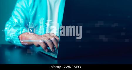 Businessman shows icon on using artificial intelligence (Ai) technology with virtual screen showing dangerous software access or online hacker threat, Stock Photo