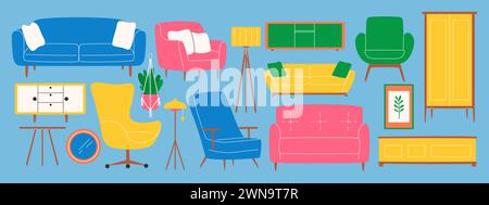 Set of colorful furniture. Sofa, table, wardrobe, armchair, chest of drawers. Stock Vector