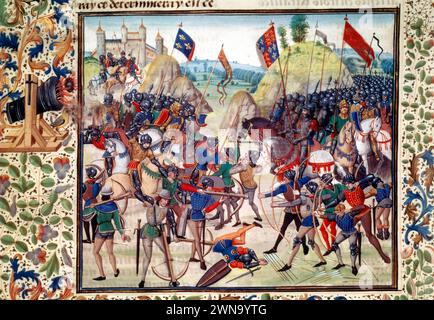 Battle of Crecy in 1346 between the troops of King Philip VI of Valois of France and Edward III, King of England - in 'Grandes Chroniques de France' by Jean Fouquet, (c. 1467 - 1476). BN Paris Stock Photo