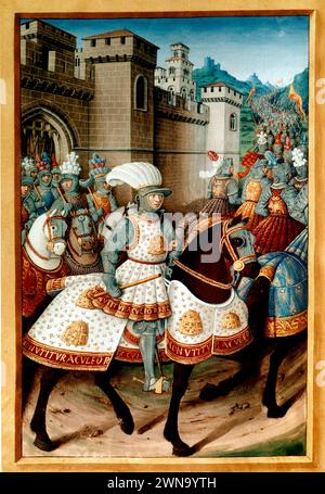 Louis XII (1462 -1515), King of France, leaving the town of Asti to go to Genoa, in 1505. Miniature from the 16th century. Paris BN. Stock Photo