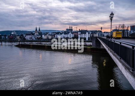 Sunset colorfull sunrise in Koblenz, Germany view of Old Town at the Mosel river shoreline. Stock Photo