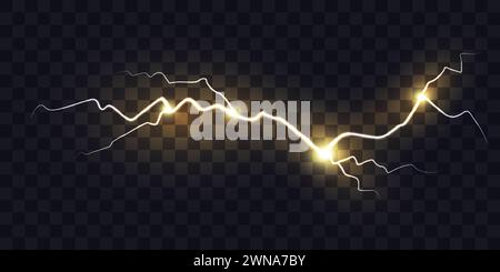 Electric discharge. Yellow lightning isolated on transparent background. Flash Light. Realistic lightning glow. Natural phenomenon. Vector. Stock Vector