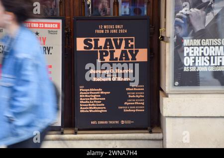 London, UK. 1st March 2024. Exterior view of Noel Coward theatre in West End where Slave Play will open on 29th June. Credit: Vuk Valcic/Alamy Live News Stock Photo