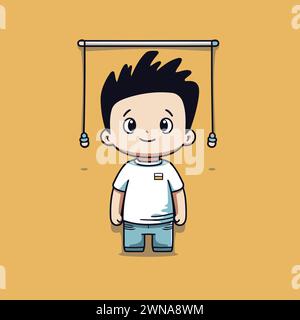 Cute little boy hanging on a rope. Vector cartoon illustration. Stock Vector