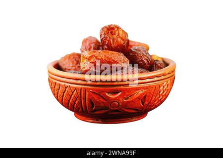 Dates fruit in a bowl isolated on a white background, Clipping path included for easy selection Stock Photo