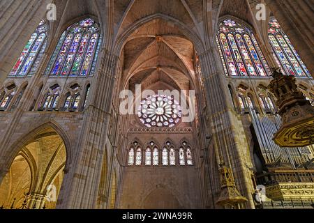 Santa Maria de la Regla cathedral (gothic 13-14th century). Transept and stained glass. Leon city, Castilla y Leon, Spain. Stock Photo