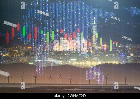 Fast changing stock market candlestick chart on holographic world map. Clouds and mist drift over the city, and the colorful glaze light shines. Stock Photo