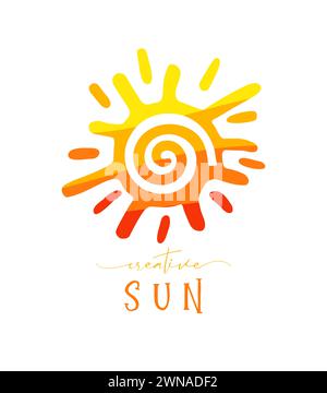 Sun logo concept. Isolated sign. Cute icon. Vector spring or summer holidays symbol. Creative style. Red, yellow and orange colors. Waving texture Stock Vector