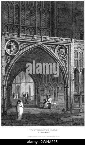 Engraving entitled Westminster Hall, East Entrance, London UK scanned at high resolution from a book published around 1815. Believed coopyright free. Stock Photo