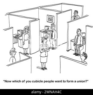 BW cartoon showing workers in office cubicles and a person asking if they want to form a union. Stock Photo