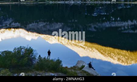 Bird view of man fishing by East Lake in Kings Canyon National Park Stock Photo