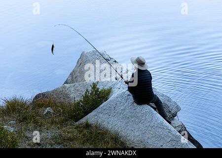 Bird view of man fishing by East Lake in Kings Canyon National Park Stock Photo