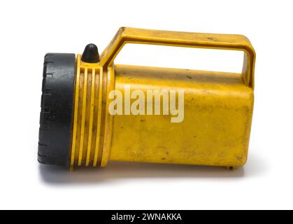 Old Flashlight Side View Cut Out on White. Stock Photo