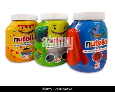 Italy - February 29, 2024: Ferrero Nutella in jars collection for 60 years of Nutella (1964-2024) 60 years of smiles. Isolated on white, clipping path Stock Photo