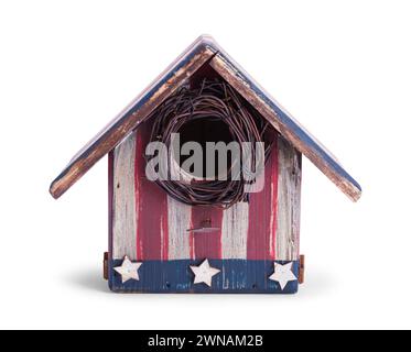 Front View of a Rustic Patriotic Bird House Cut Out on White. Stock Photo