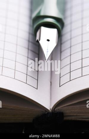 Green fountain pen lies on white sheets checkered notebook Stock Photo