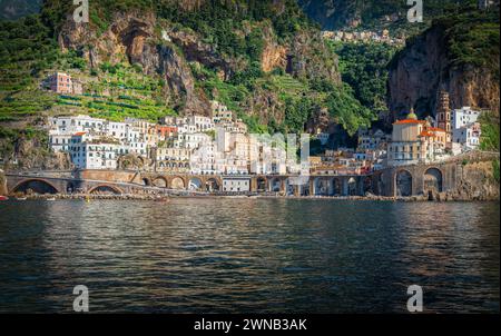 Landscape with Atrani town at famous amalfi coast, Italy Stock Photo